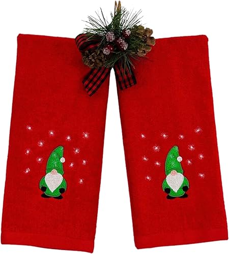 Miniatura 5 de Toallas de mano para invitados de Navidad navideñas Toallas de felpa rojas de granja de campo con gnomo verde de invierno bordado