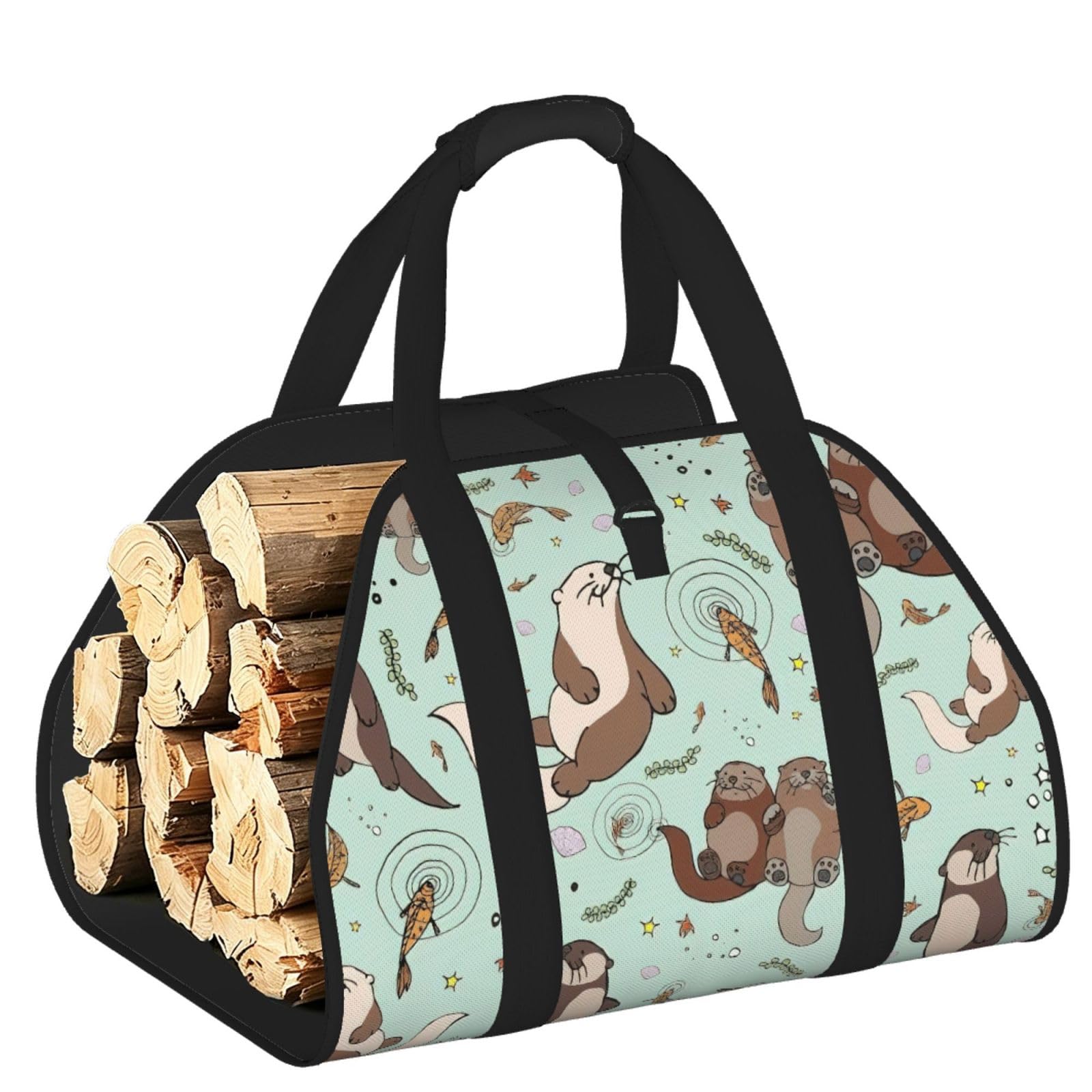 Otters Print Firewood Bag Wood Carrier Transport Sack Camping Picnic Storage Daily Home