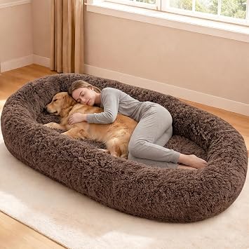 79"x44"x12.5" Human Dog Bed for Adult Faux Fur Washable Human Dog Bed Portable Handle, Egg Orthopedic Foam Human Bed, Extra Large, Brown