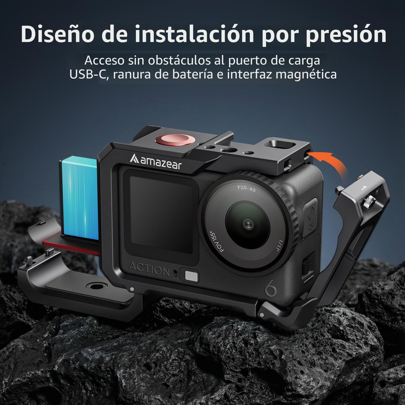 AMAZEAR Jaula para dji Osmo Action 6, Action6 Pro Accesorios Cage/Case, Funda Protectora Multifunción de Marco Utilitario, Carcasa de Aluminio Más Fuerte con Tapas de Lente de Silicona Suave,Negro