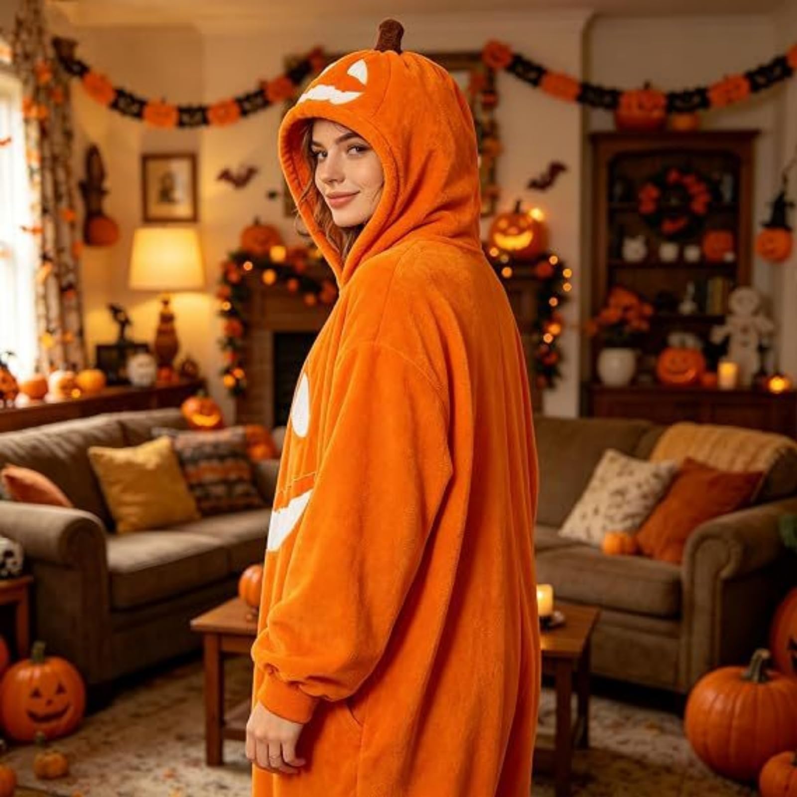 Pijama de Calabaza para Adultos Disfraz de Halloween | Disfraz de Mono con Capucha de Felpa, Regalo Festivo de Calabaza, Calabaza de Halloween, Mono de Una Pieza