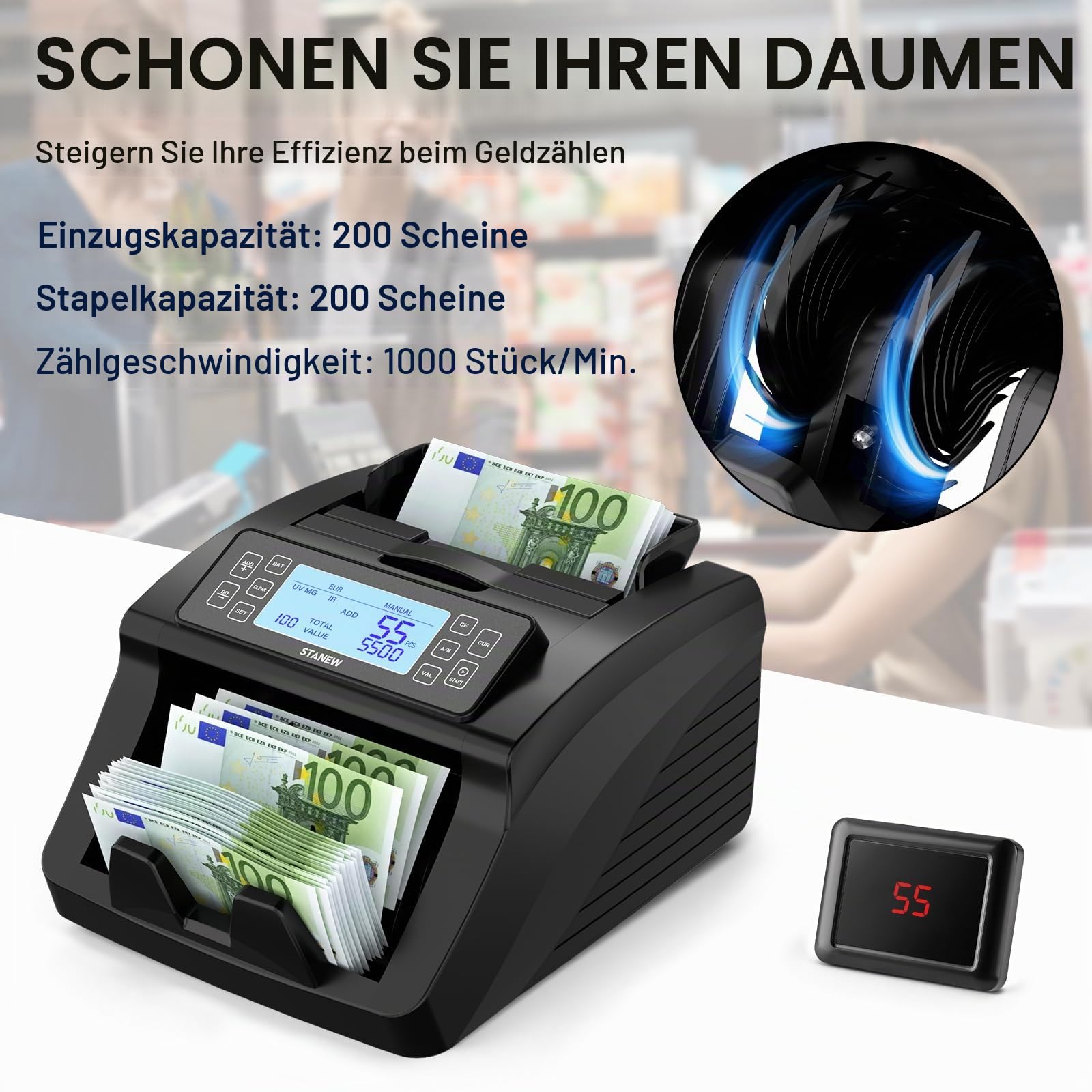 Geldzählmaschine,Zählmodi nach Bündel und Schnitten, professioneller Geldscheinzähler Euro, STANEW,UV/MG/IR, Geschwindigkeit >1000 Stück/min, EUR/USD/GBP, tragbarer Geldzähler mit Affich