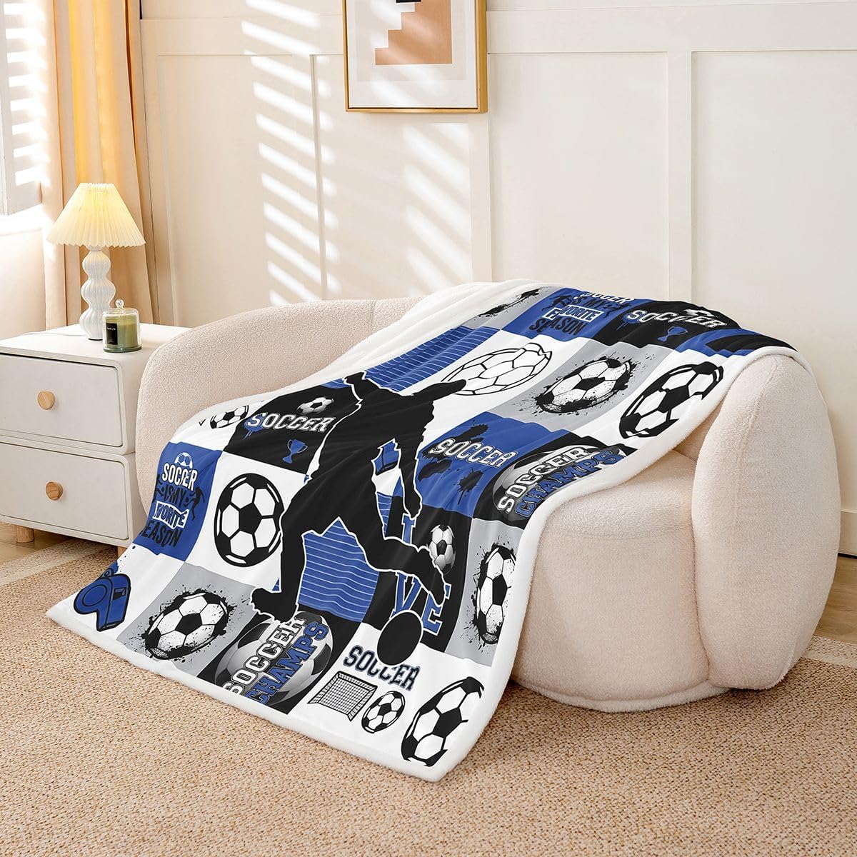 Feelyou Soccer Fleece Throw Blanket Blue Black Sherpa Blanket for Kids Women Men Plush Fuzzy Football Sports Baby 30"x40" Soccer Ball Game for Bed Couch Chair Living Room Bedroom Decor