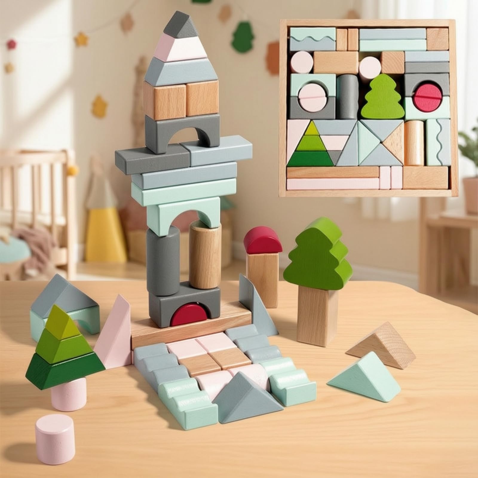 Qianly 43 Pezzi Blocchi di Legno con Vassoio Naturale Blocchi di Costruzione in Legno Montessoriano Costruzioni per Scuola Scuola Dell'infanzia, Blocchi Di Legno Naturale