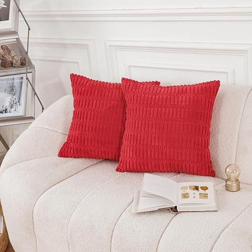 Miniatura 2 de HWY 50 Juego de 2 fundas de almohada decorativas de pana roja de 16 x 16 pulgadas para sofá, sala de estar, cama, fundas de cojín suaves y lisas