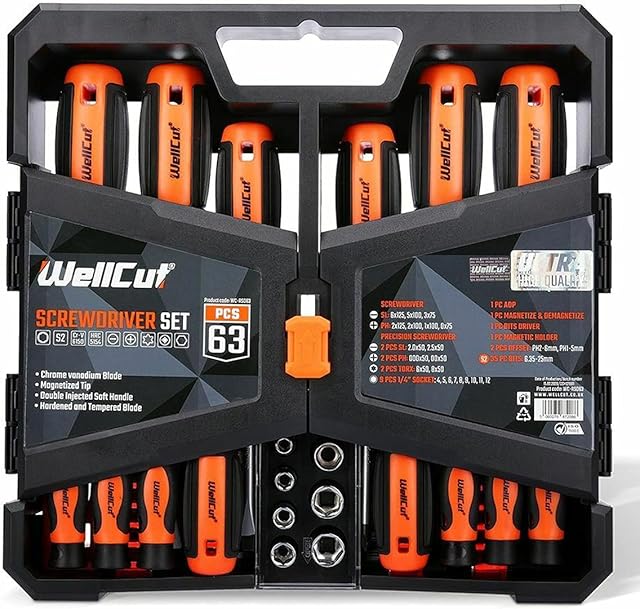 Pro Quality Screwdriver Set Magnetic 63-Piece with Common Size Drivers Precision Drivers S2 Bits and Sockets Magnetizer in Compact Storage Case