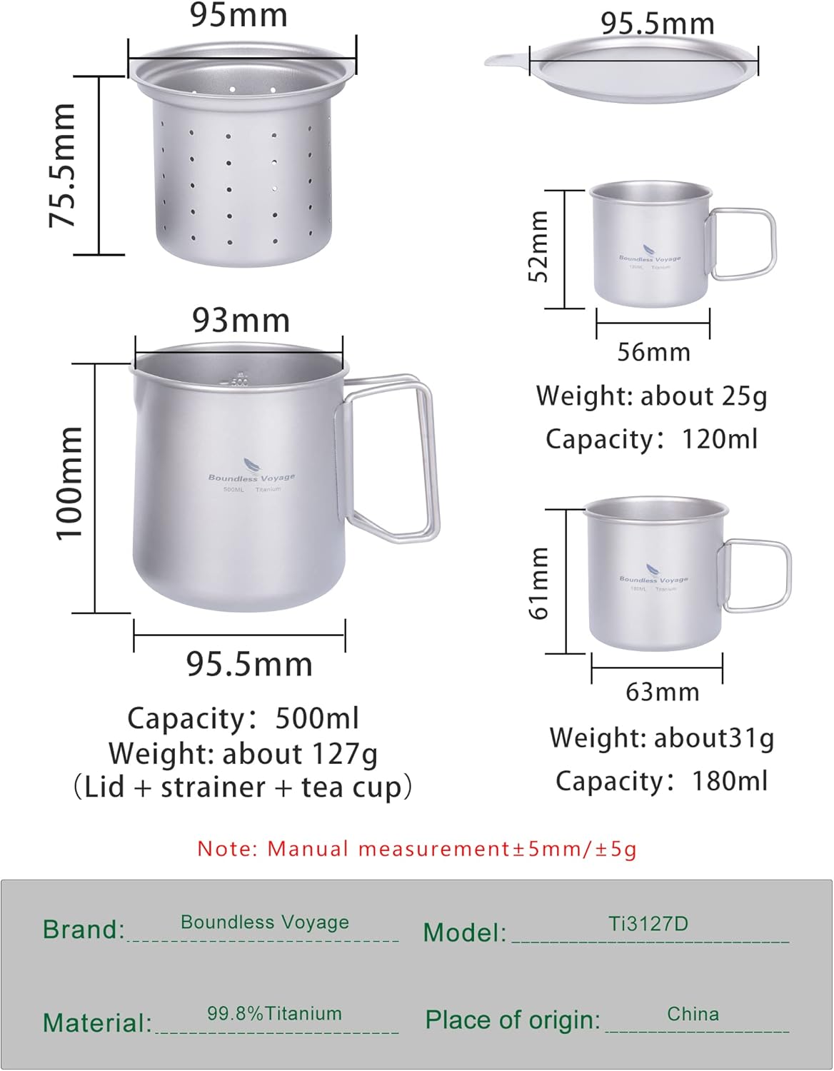 Boundless Voyag Camping Cooking Kettle Portable Outdoor Cooking Pot with Foldable Handle Coffee Mug Cups Set Stovetop Tea and Coffee Pots for Openfire
