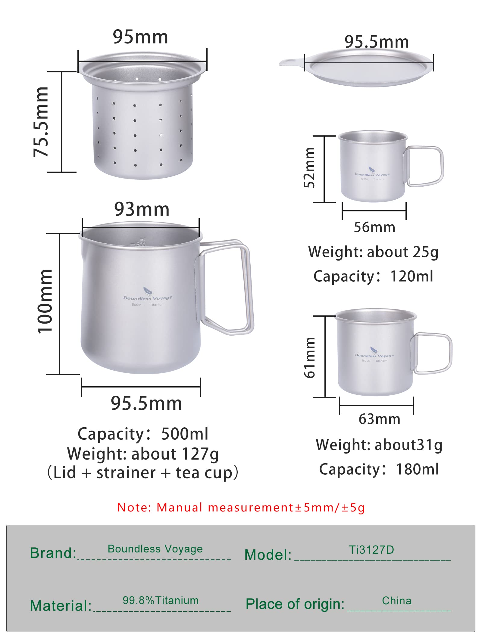 iBasingo Tytanowy kubek 500 ml z filtrem 120 ml i 180 ml zestaw lekkich kempingowych naczyń do picia przenośny metalowy ekspres do kawy na świeżym powietrzu podróż piknik wędrówki z plecakiem ogród