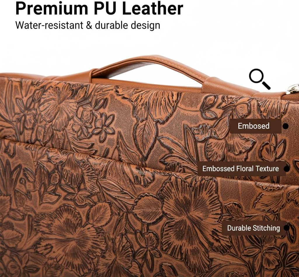 Kinmac Embossed PU Leather 360° Heavy Duty Protective Laptop Sleeve with Poacket (Coffee Flower, 16 inch-16.2 inch)