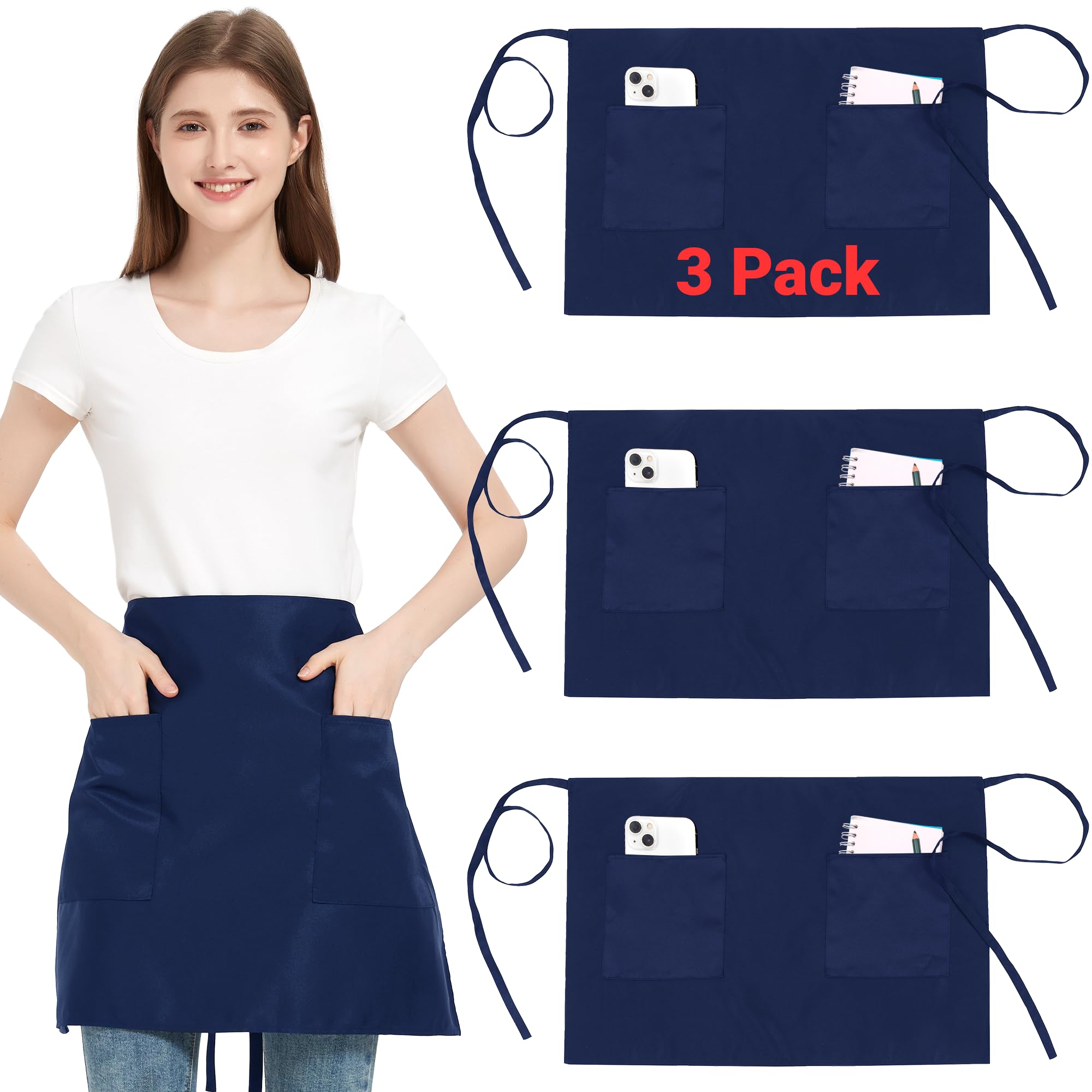 3 Pack Waist Apron with 3 Pockets, Navy Blue Waitress Waiter Aprons for Women Man, Water Resistant Server Aprons Long Straps Bistro Apron for Chef Restaurant Work Bar (3, Navy Blue - 27.56''X 18.11'')