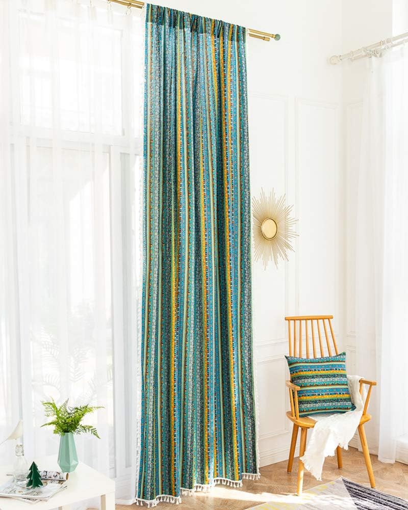 vctops Bohemian Striped Curtains with Tassel Cotton Linen Room Darkening Rod Pocket Window Drapes for Dining Living Bedroom (Stripe A, 59"x63")
