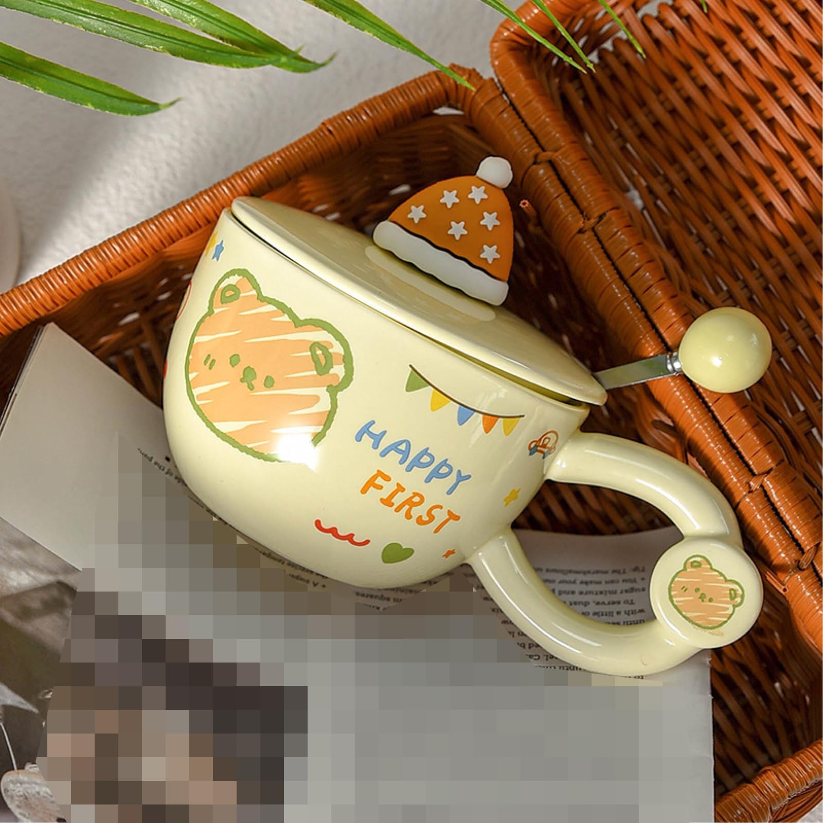 Taza de desayuno de cerámica de 400 ml a 382.7 g con tapa y cuchara que puede calentar la taza de avena, color rosa, 400 ml