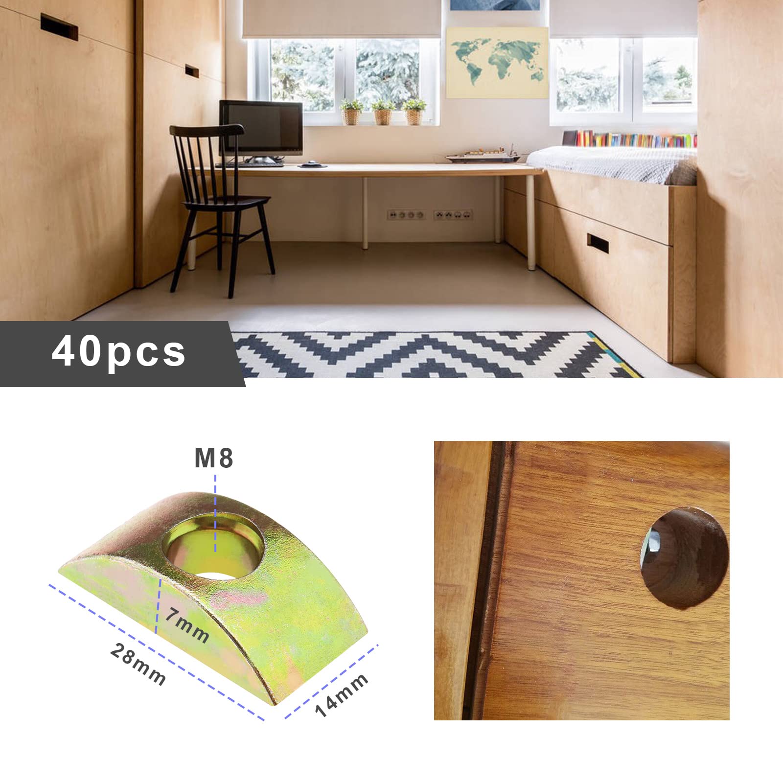 40 tuercas de media luna para muebles, tuercas espaciadoras para conectar muebles, cama, armario, mesa, litera, 8 mm de diámetro del agujero