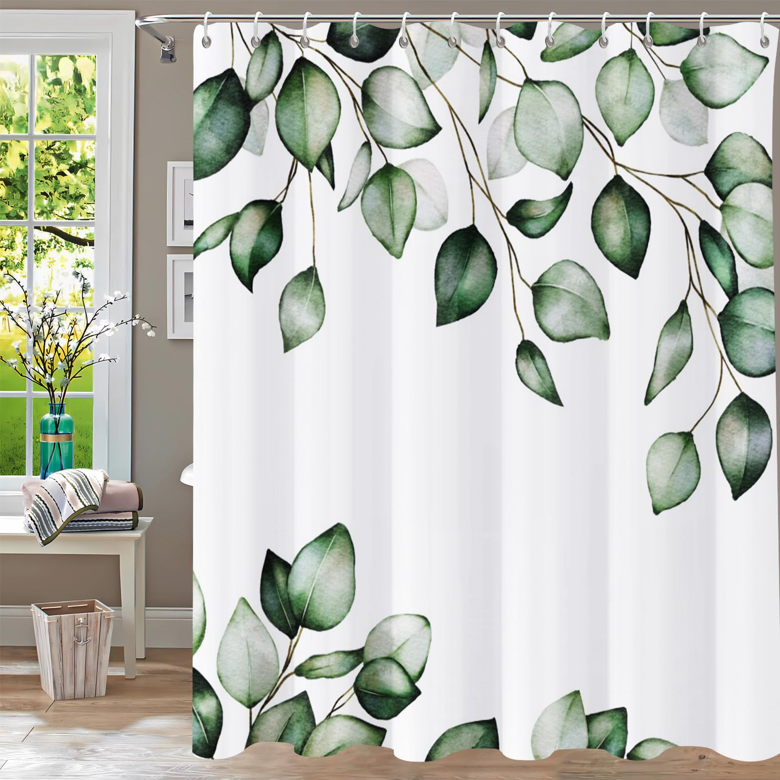 YiarTaan Shower Curtain,Green Shower Curtains for Bathroom Watercolor Plant Leaf Shower Curtain Eucalyptus Sage Green Shower Curtain Sets Fabric Cloth Shower Curtains Decor 72x72 with Hooks