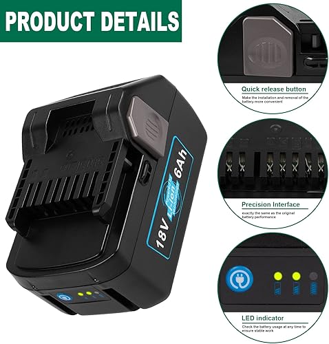 Miniatura 3 de Fancy Buying Paquete de 2 Batería de iones de litio de repuesto de 18 V 6000 mAh para Hitachi BSL1830 BSL1815X EB1814SL DS18DSAL 33055 330067 330068