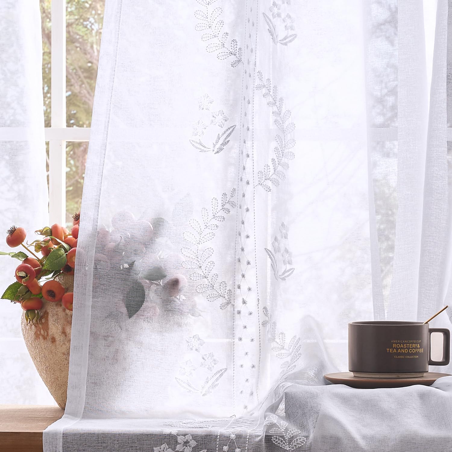 TOPICK Embroidery Floral White Net Curtains for Windows 90 Inch Long