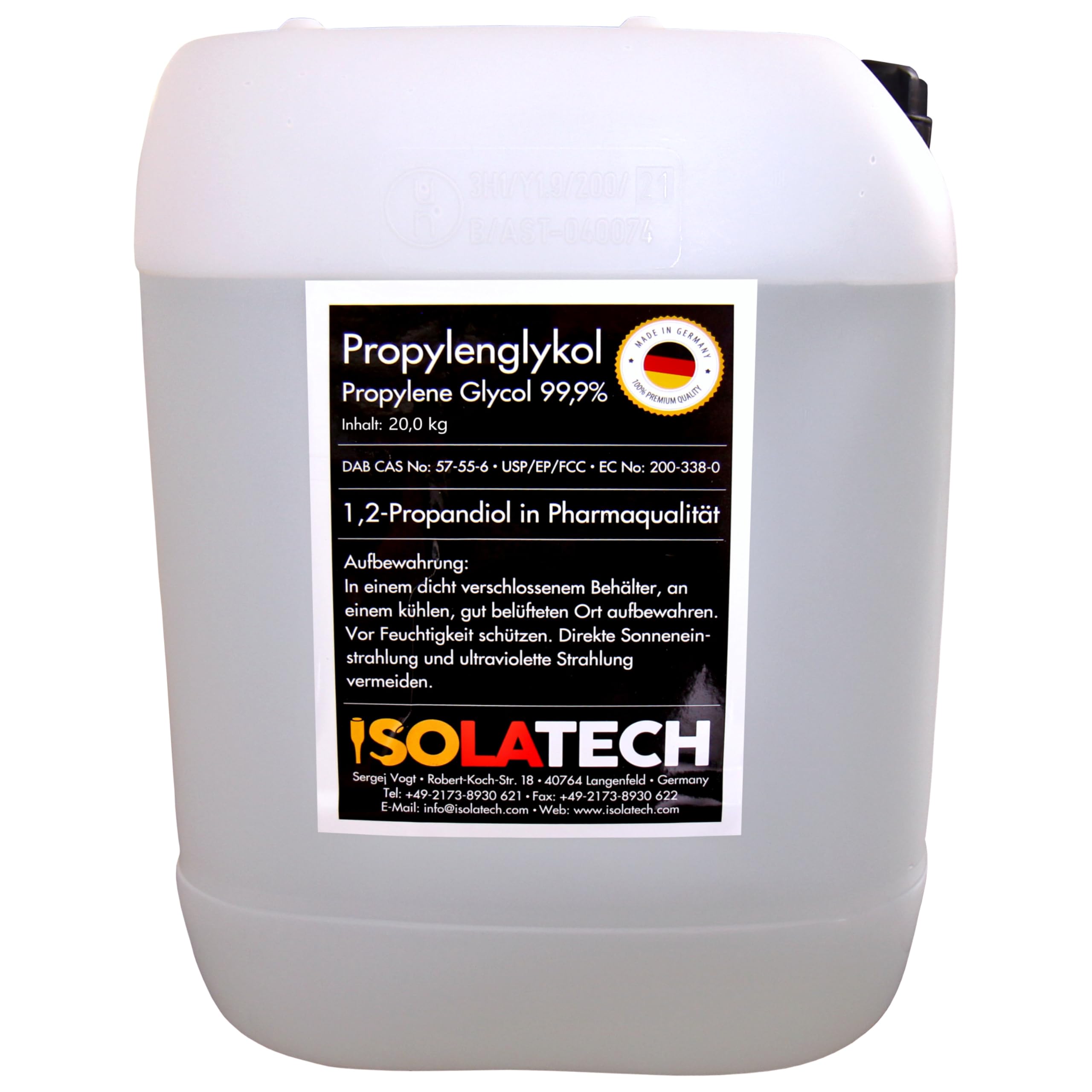 ISOLATECH Propylenglykol 20L Kanister 99,9% Pharmaqualität