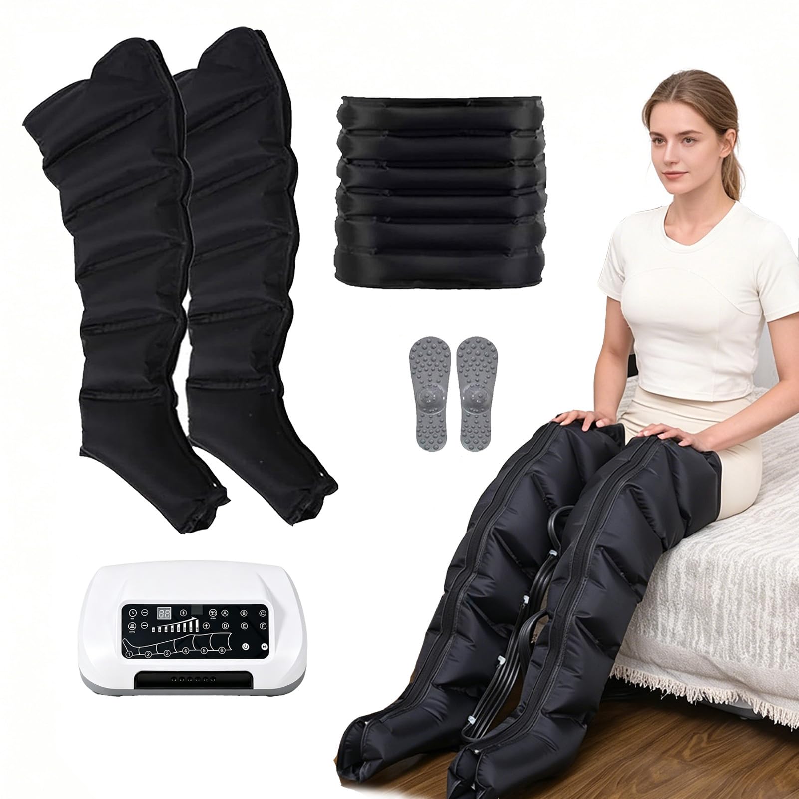 Joyfitness Compression Boots for Legs, 6-Cavity Leg Massager for Pain and Circulation, with Pressure Detection, Wireless Remote, Auto Exhaust Function, Relieves Muscle Fatigue and Swelling