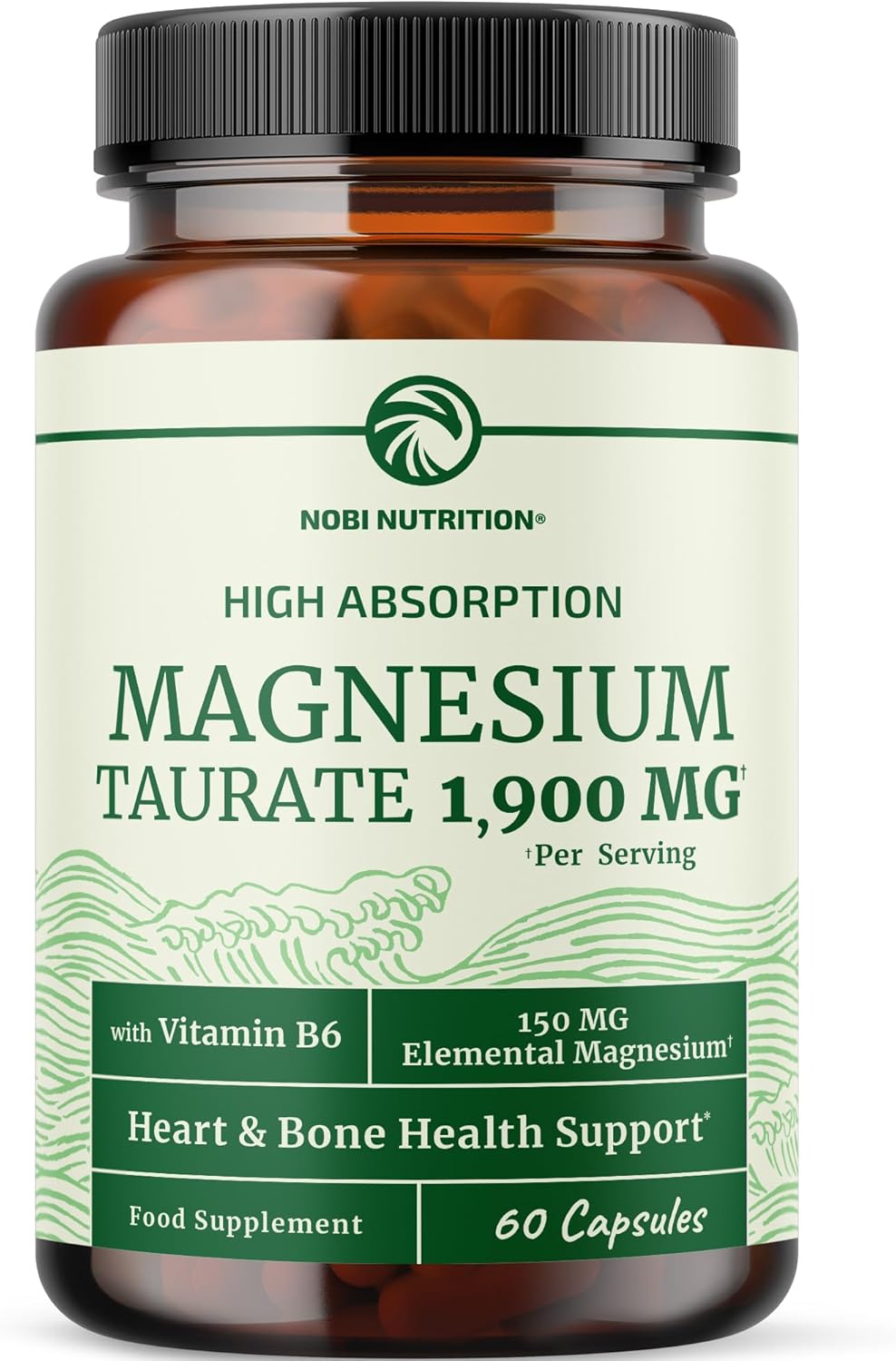 Magnesium Taurate 1900MG | Heart Health & Nervous System Support | 150MG Elemental Magnesium Per Serving | High Absorption Mag Taurate with Vitamin B6 & BioPerine | Non-GMO | 60 Ct (1 Month Supply)
