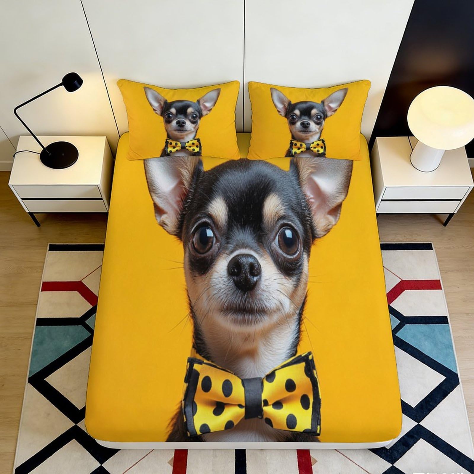 Pnayamiorkfel Style-6 3D Printed Yellow Chihuahua Fitted Sheet Microfiber Soft Breathable Bow Tie Bed Cover For Bedroom Guest Room Decor 90X200x25cm