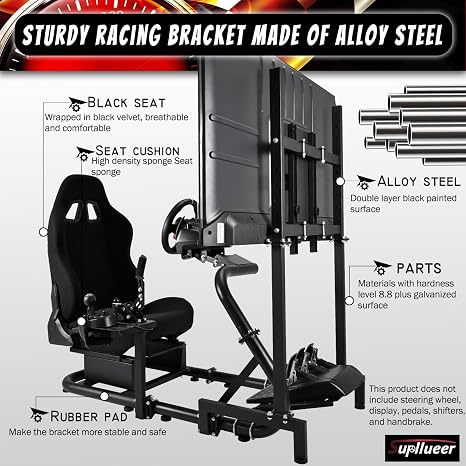Supllueer Racing Wheel Stand with Monitor Mount Single Arm fits for Logitech G923 G920, for Fanatec, for Thrustmaster T300 T248 Black Seat 50mm Round Tube NO Steering Wheel Shift Lever Pedal Display