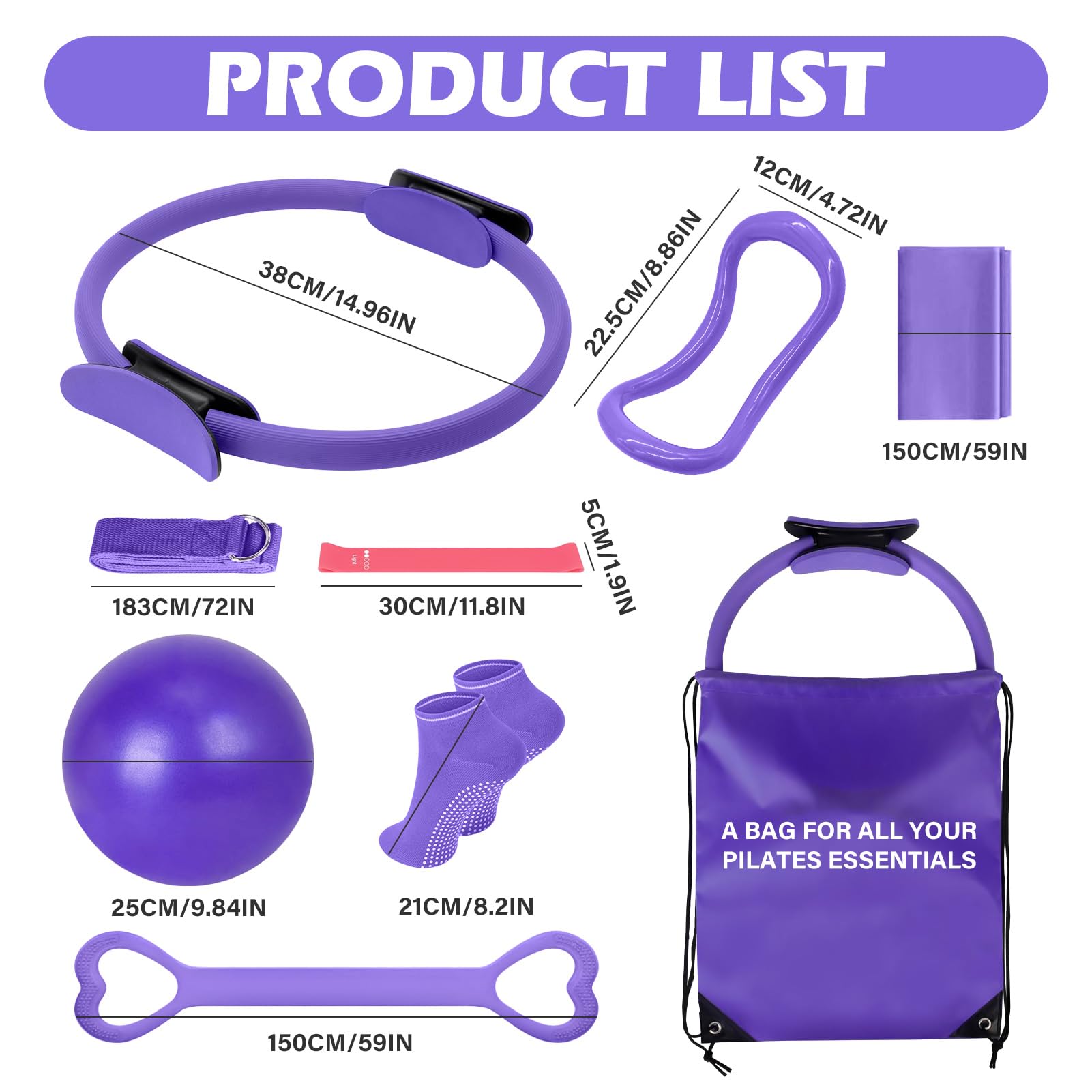 13 Pezzi Pilates Essential Kit: Attrezzatura Pilates Completo Esercizi Glutei Casa - Set Allenamento Casa Palestra per Donne