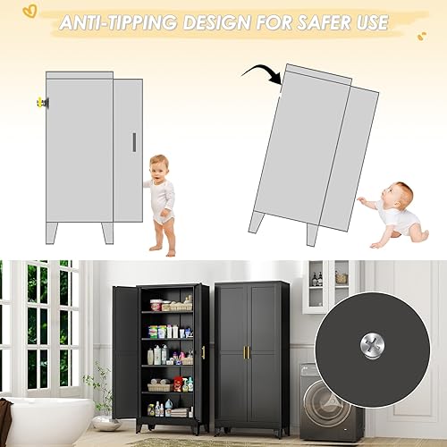 Miniatura 67 de Armario de almacenamiento de metal de 71 pulgadas de alto con 2 puertas y 4 estantes ajustables, armario de despensa de cocina, armario Blanco