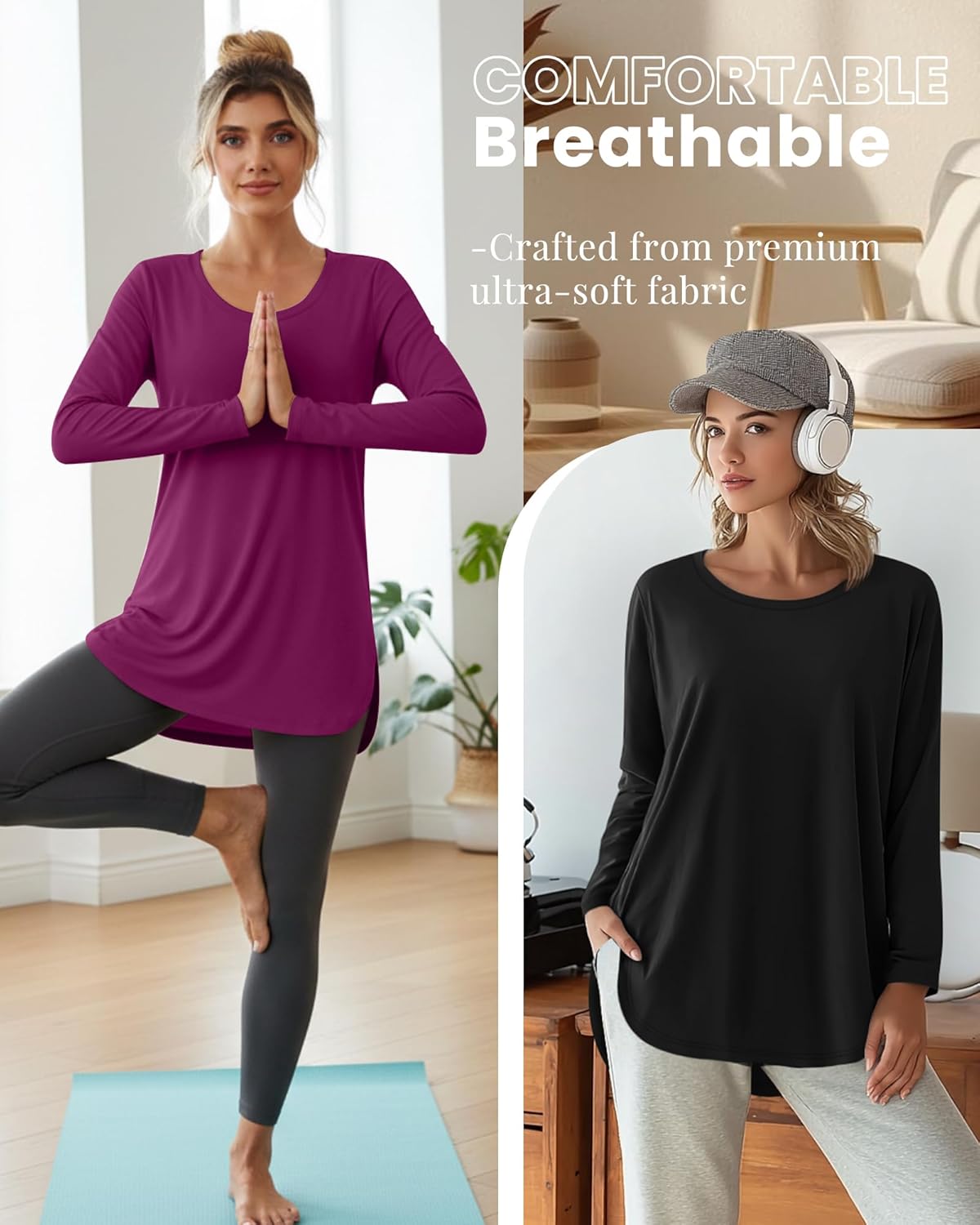 3 Pack Women Long Sleeve Shirts Casual Crew Neck Tunic Tops Side Split Curved Hem Loose Fit T-Shirt 2026 Fashion - Image 3