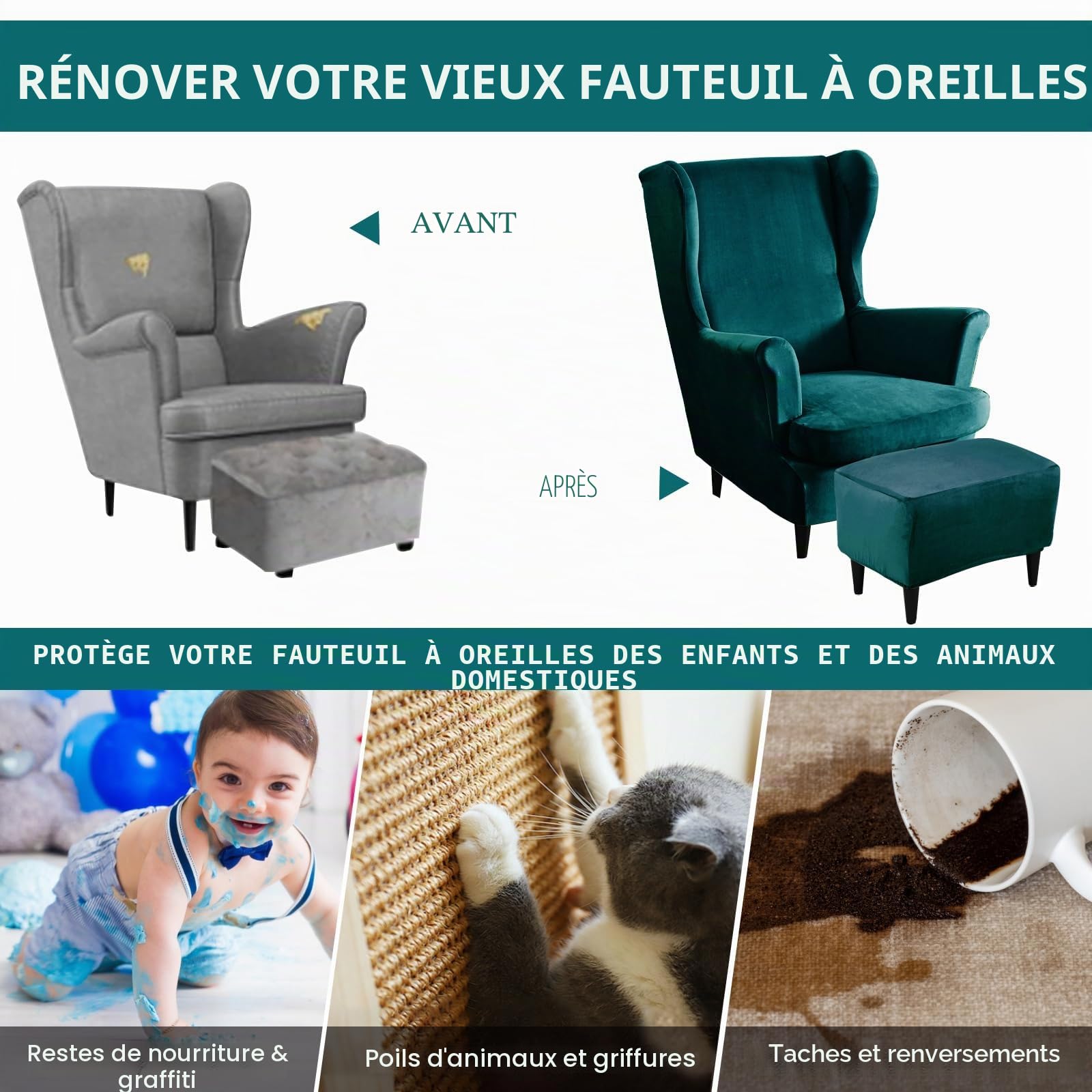 Alishomtll Lot de 3 housses de fauteuil à oreilles avec ottomane - En velours extensible - Couleur unie - Housse de chaise avec accoudoirs - Dossier haut - Turquoise