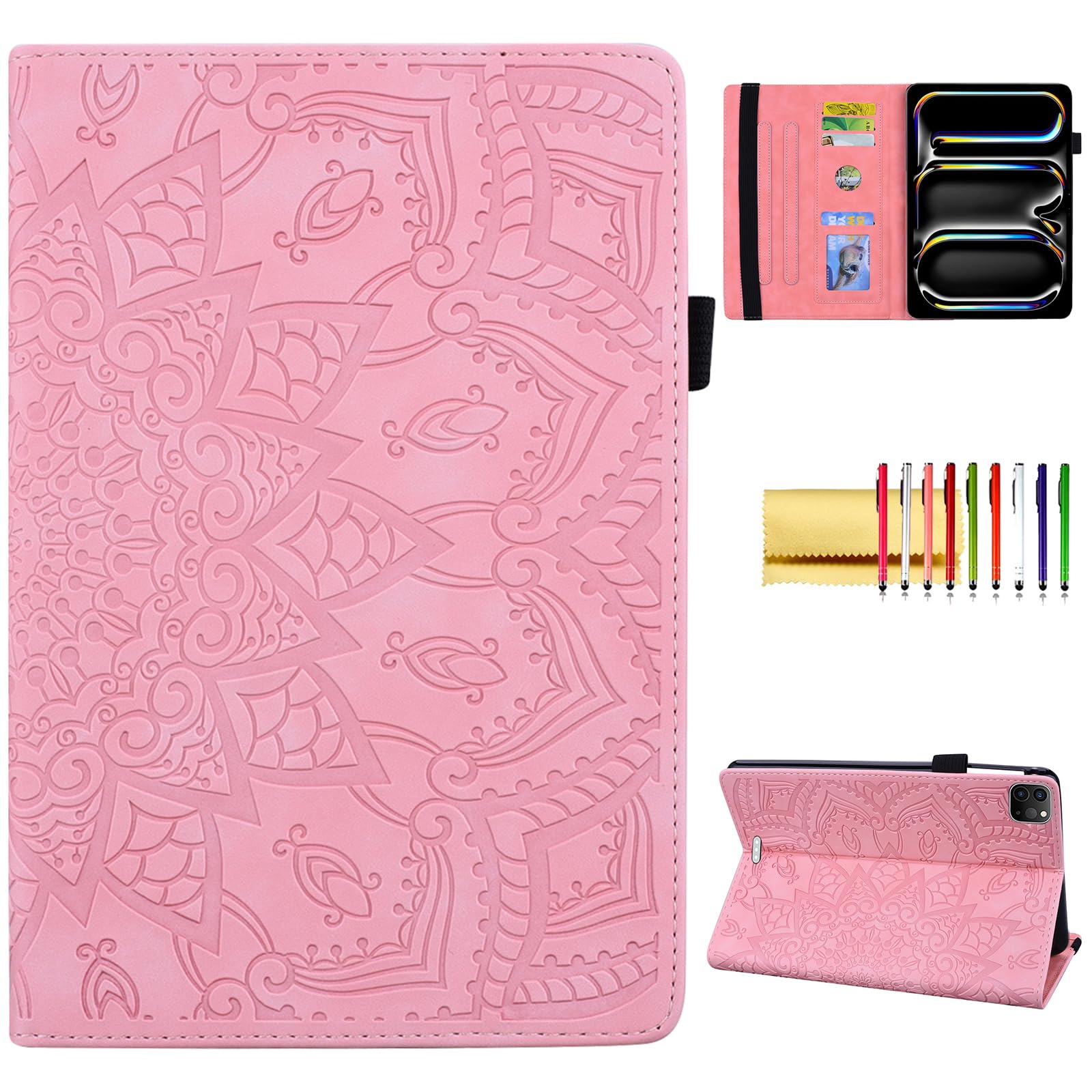 Folio Case for iPad Pro 13-inch M4 M5 (2024-2025), Techcircle Anti-Slip Stand Mandala Embossed PU Leather Soft TPU Back Protective Cover with Elastic