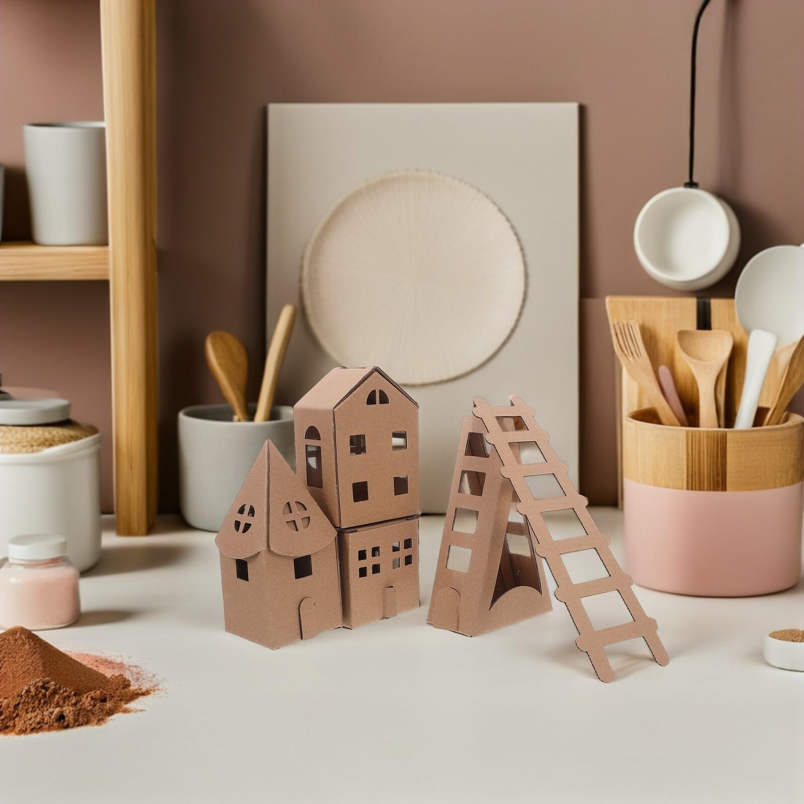 Casa de Cartón Infantil Miniatura, 1 Juego para Manualidades | Color Caqui, Papelboard, 23 Piezas, Formas Iglesia, Cuadrada y Rectangular, para Preescolar y Juego