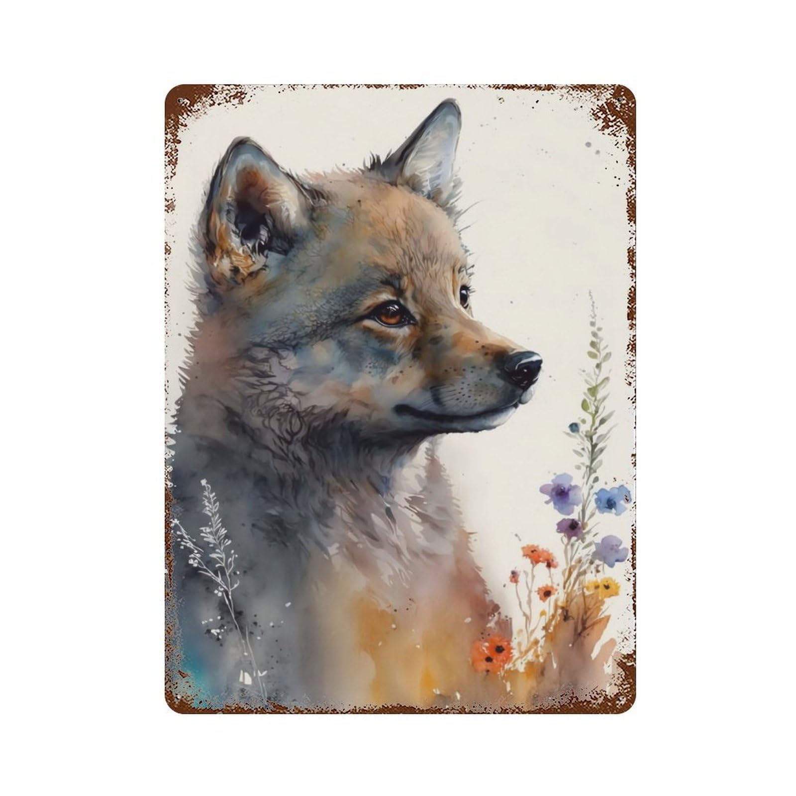 Cute Baby Wolf Painting Rust Effect Tin Sign 15.7"x11.8", Rustic Home Decor for Garage, Bar And Workshop Decor