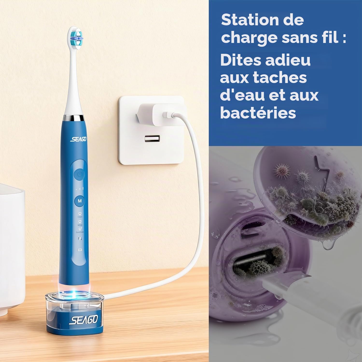 Seago Brosse à dents électrique, avec station de charge sans fil, brosses à dents à ultrasons et étui de voyage, minuterie de 2 minutes, 3 modes, 3 intensités, 8 têtes de brosse, SG-982 (Bleu)