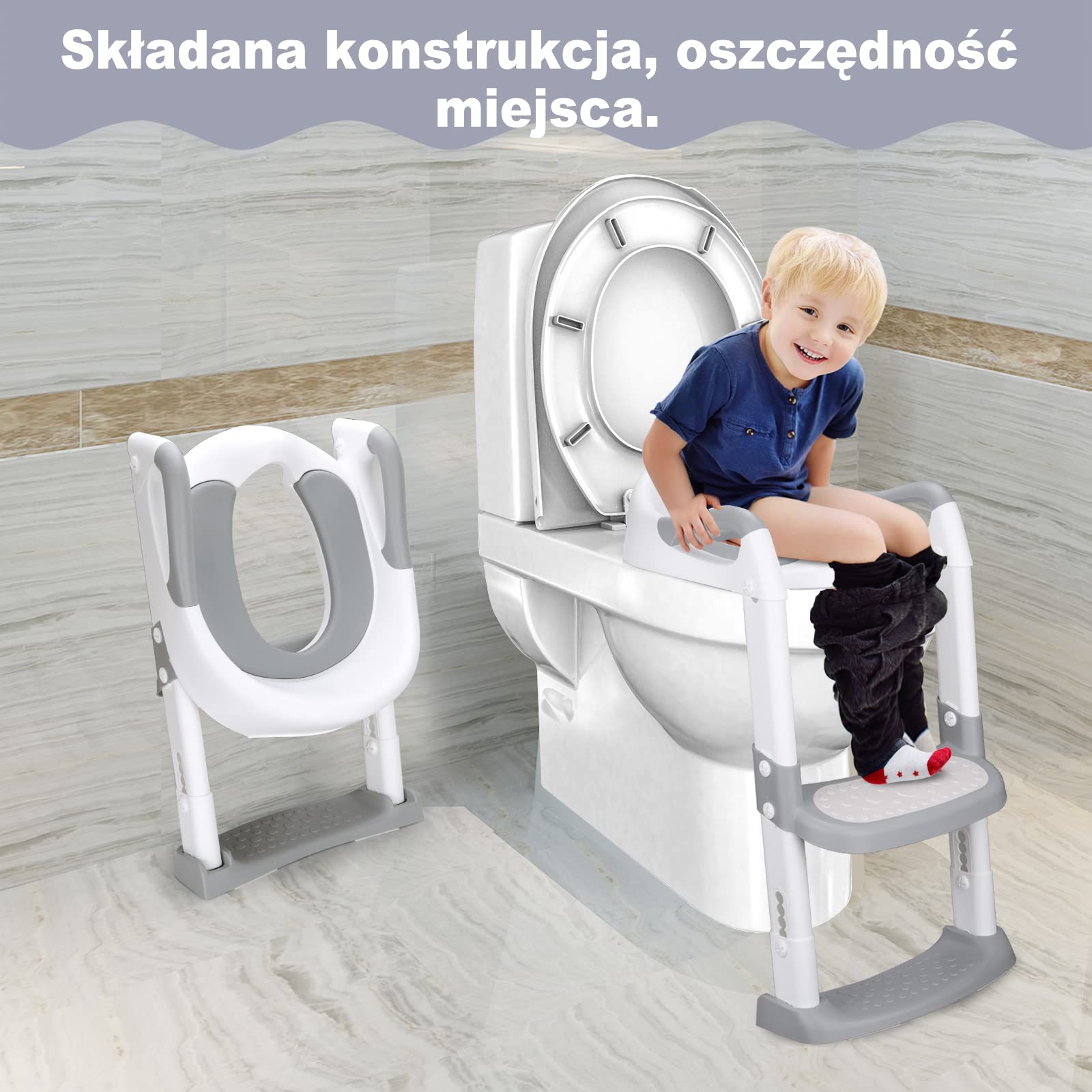 DEANIC Deska sedesowa dla dzieci ze schodami, nocnik z drabinką i wyściełaną poliuretanem, nakładka toaletowa dla dzieci od 1-7 lat, deska sedesowa dla dzieci 38-47 cm (szara)