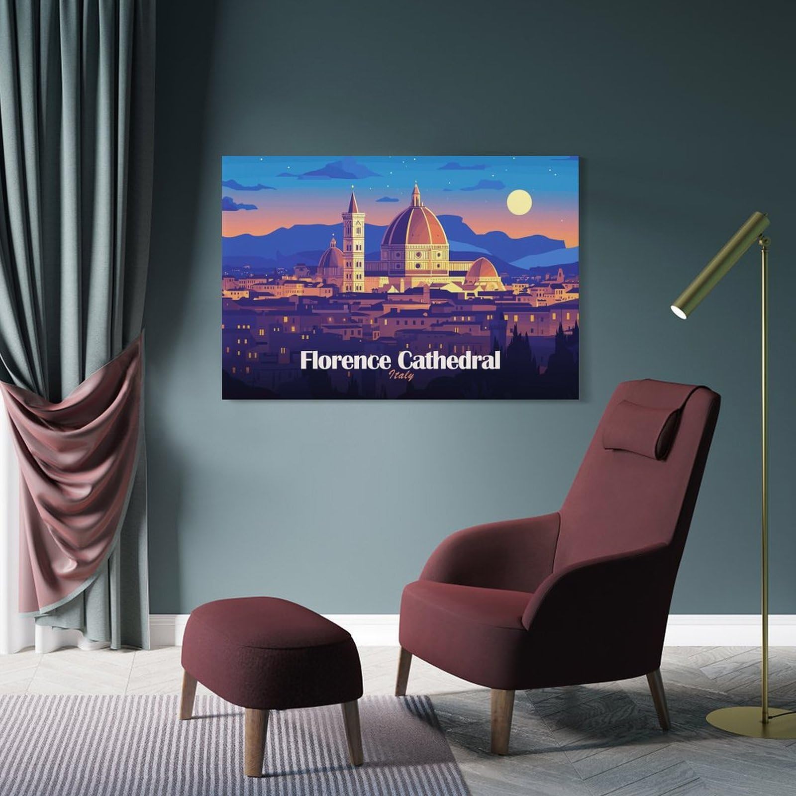 Junmoney Frame-Style-9-1 Hanging Wall Art Florence Cathedral Italy Cityscape Illustration, 20X30inch(50X75cm), For Entryway, Lounge Links Or Small Walls, A Neat Decor Update For Hallways
