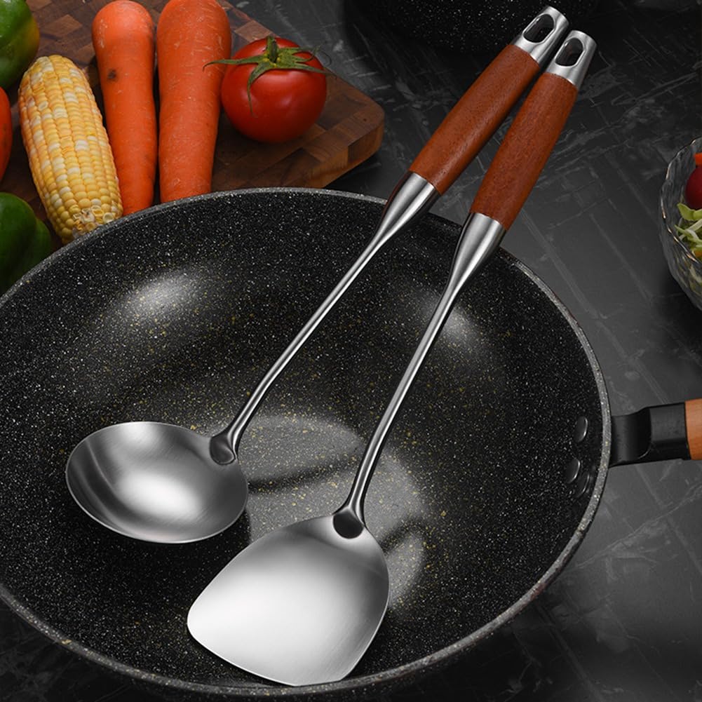 SCHNRR Stainless Steel for Carbon Steel, Stainless Steel Wok Metal, Wok Tools Set, Wooden Handle Soup Ladle Reusable - Image 3