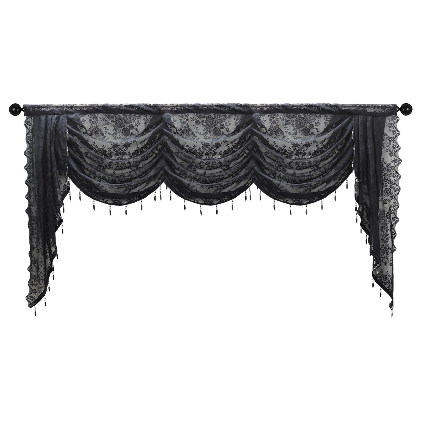 apott Black Swag Valance for Windows Waterfall Valance Curtains Beaded Voile Swags Small Lace Drapes for Living Room Bedroom Party 98x 41 Inch