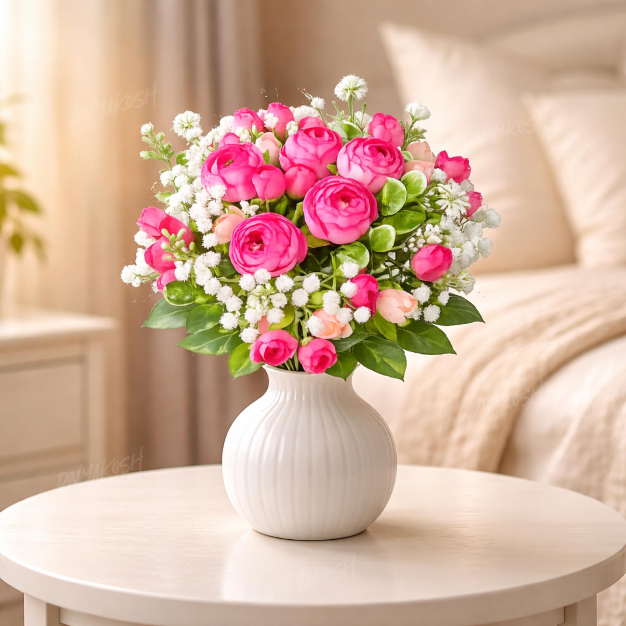 Divyakosh Artificial Peony Flower Bunch for Vase | Real Touch Faux Flowers with Gypsophila & Green Leaves | Decorative Fake Flowers for Home Living Room Bedroom Office Table Decor (VASE NOT Included)-image-27