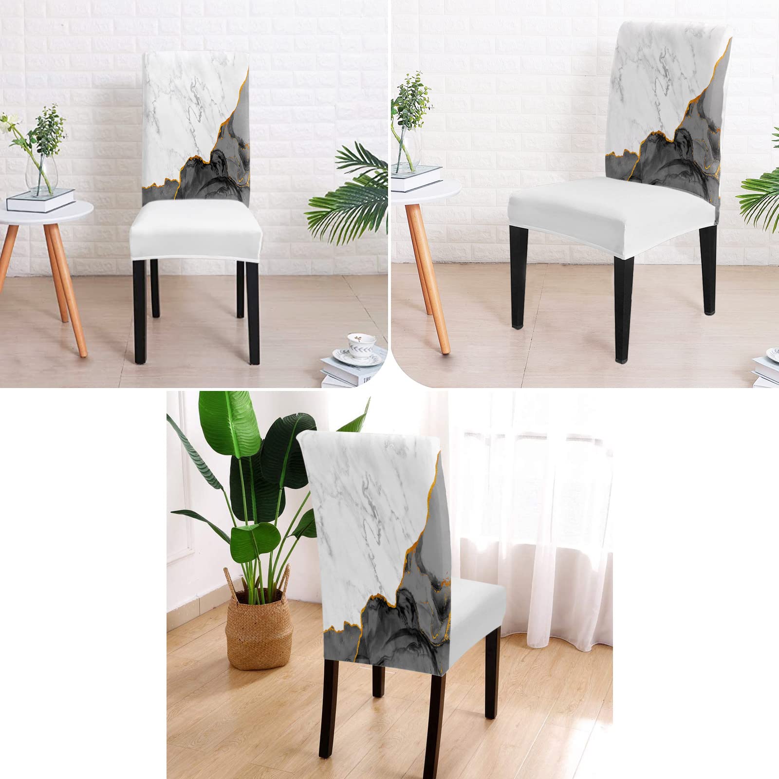 Marble Black Grey Dining Chair Cover Set of 4,Stretch Chair Protectors Slipcover,Spandex Kitchen Chair Seat Back Cushion Slip Cover for Dining Room,Party,Ceremony Minimalist Abstract Gold Modern Art
