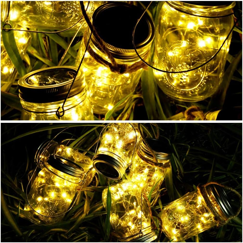 SmilingTown Solar Mason Jar String Light Lids 12 Pack 30 LED Fairy Firefly Inserts Lighting with 12 Hangers Waterproof for Outdoor Tree Patio Lawn Garden Decor, No Jars