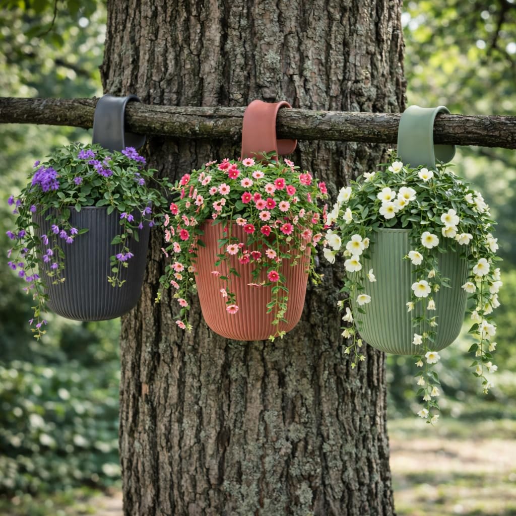 Gariella 6 x Blumentopf zum Hängen, integriertes Drainagesystem, Farbe: Anthrazit, Ø 15 cm, Pflanztopf-Kübel, Hängetopf, widerstandsfähig, rund, wetterfest, Kunststoff