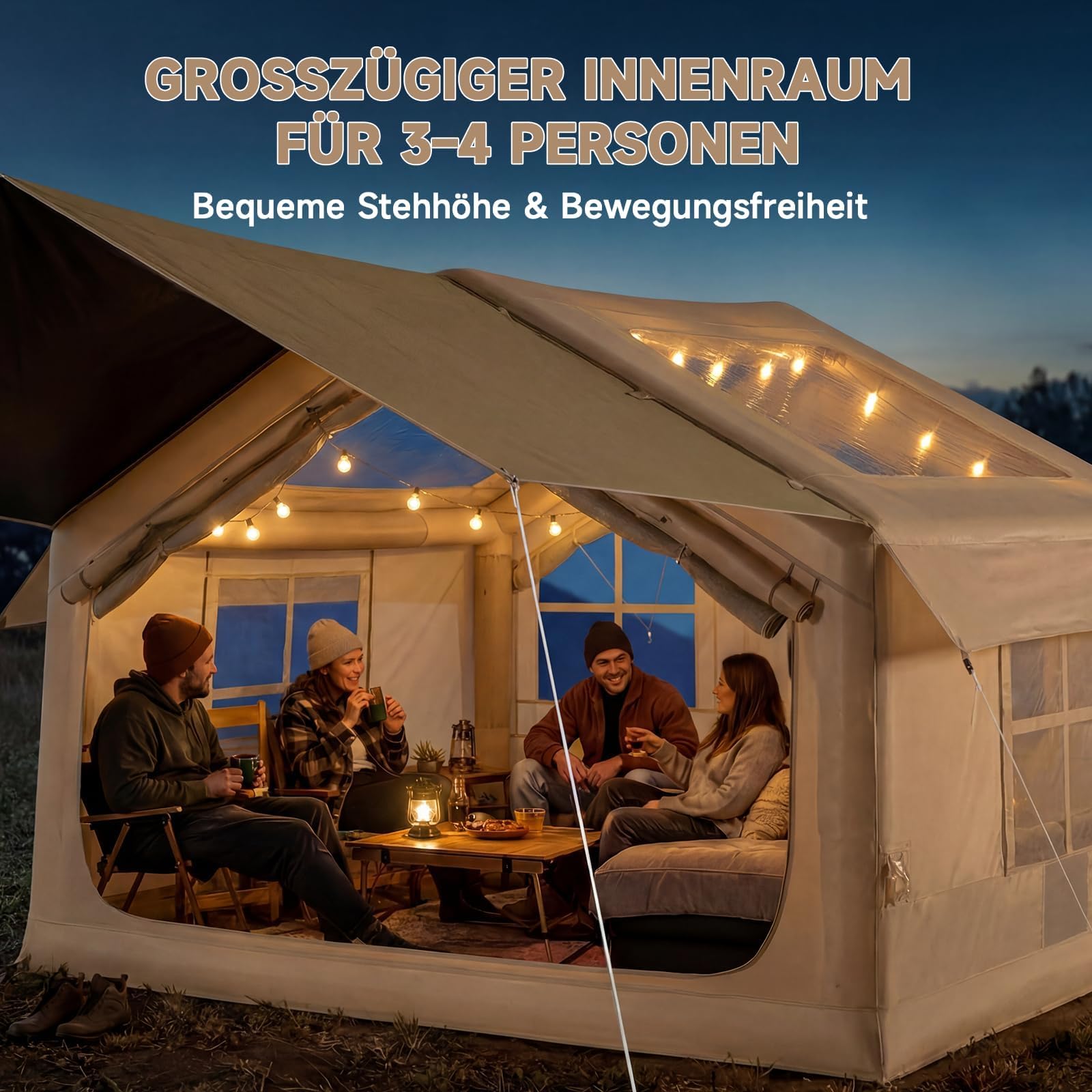 HAUSPROFI Luftzelt Aufblasbares Zelt 3-4 Personen, 6,3m² Glamping Hauszelt mit Vorzelt & Kaminöffnung, 200cm Stehhöhe, 420D Oxford Wasserdichtes Familienzelt für Camping Outdoor, Inkl. Pumpe