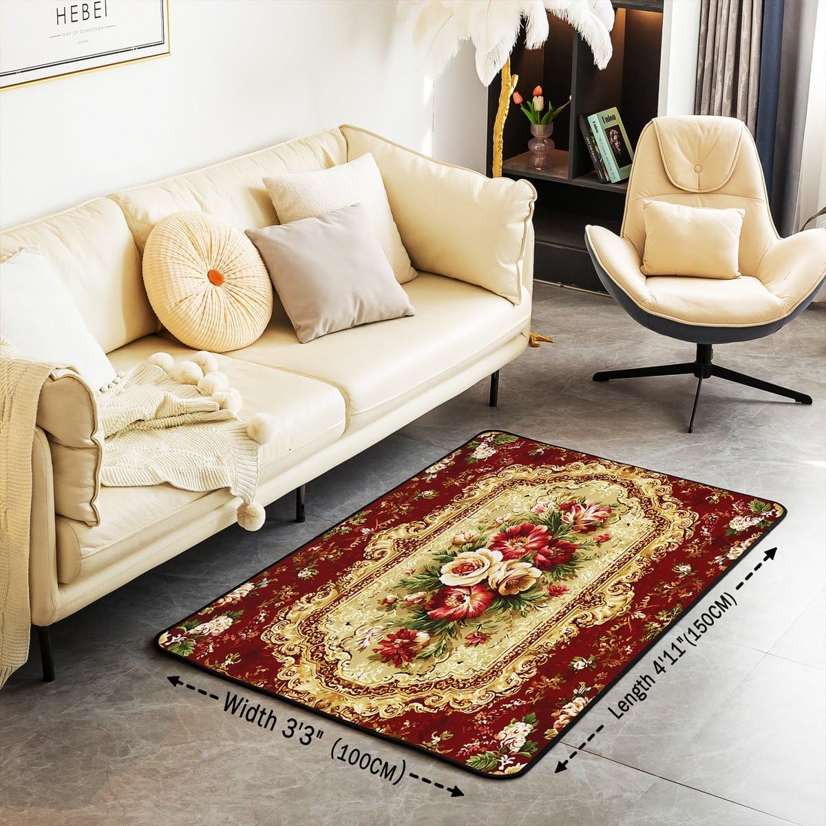 Elegant Red Floral 3 x 5 Area Rug Gold Geometric Rugs for Living Room | Bohemian Nordic Floral Washable Rug, Antique Decor Victorian Damask Carpet Indoor Floor Mat