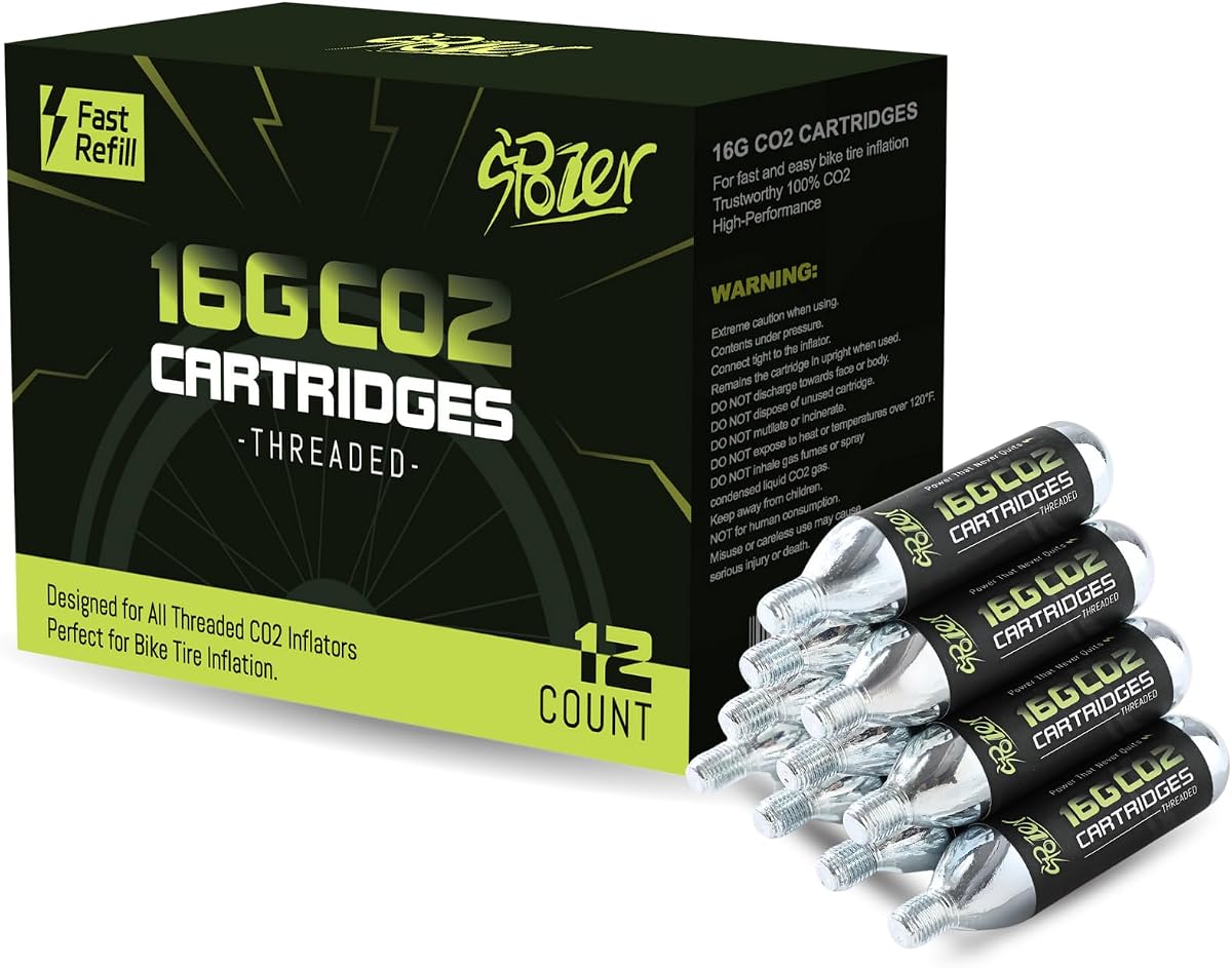 SPOZER Cartuchos de CO2 roscados de 16 g para neumáticos de bicicleta, inflador de CO2, 12 unidades | Se adapta a bicicletas de carretera, MTB y de montaña • Inflado rápido • 99,99% CO2 puro • Compatible con infladores de rosca 3/8-24