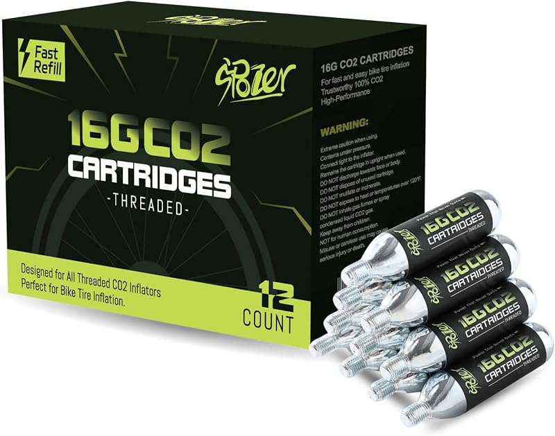 SPOZER Cartuchos de CO2 roscados de 16 g para neumáticos de bicicleta, inflador de CO2, 12 unidades | Se adapta a bicicletas de carretera, MTB y de montaña • Inflado rápido • 99,99% CO2 puro • Compatible con infladores de rosca 3/8-24