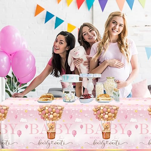 Miniatura 2 de Decoraciones de oso para baby shower, 3 manteles de oso de peluche rosa, mantel de oso de plástico para bebé, cubierta de mesa para niña, revelación