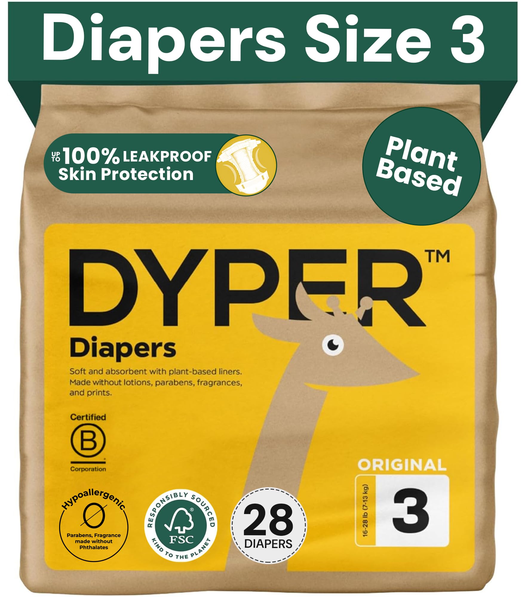 DYPER Bamboo Viscose Baby Diapers Size 3 Honest Ingredients Alternative to Fabric Day and Night Made with Plant Based Materials Hypoallergenic