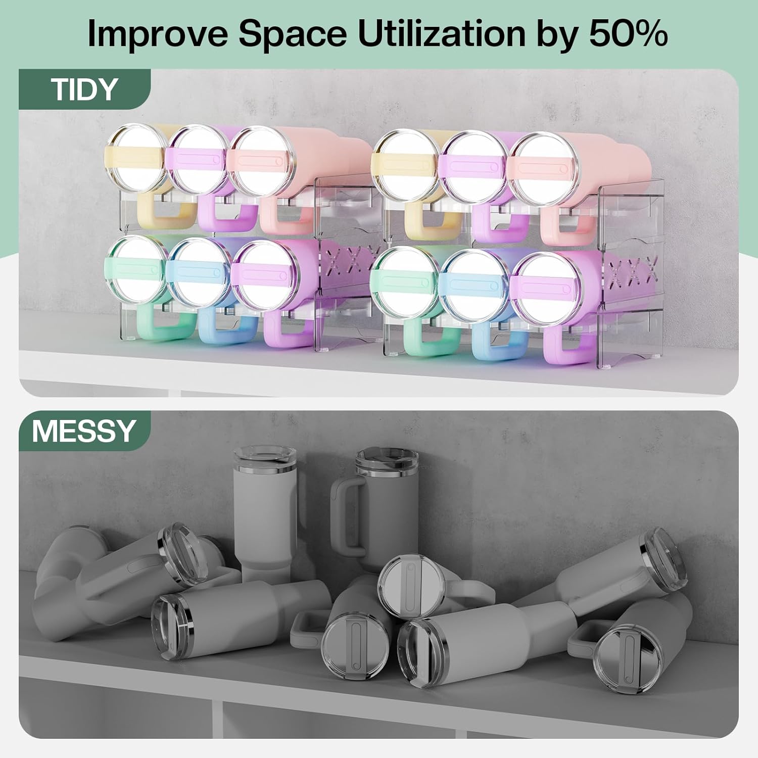 Reusable Stackable with Handle Compartment Water Bottle Tumbler Organizer for Stanley 40oz with Handle Cup, Larger Holder Stanley Cup Accessories for Pantry, Cabinet & Kitchen Organization and Storage