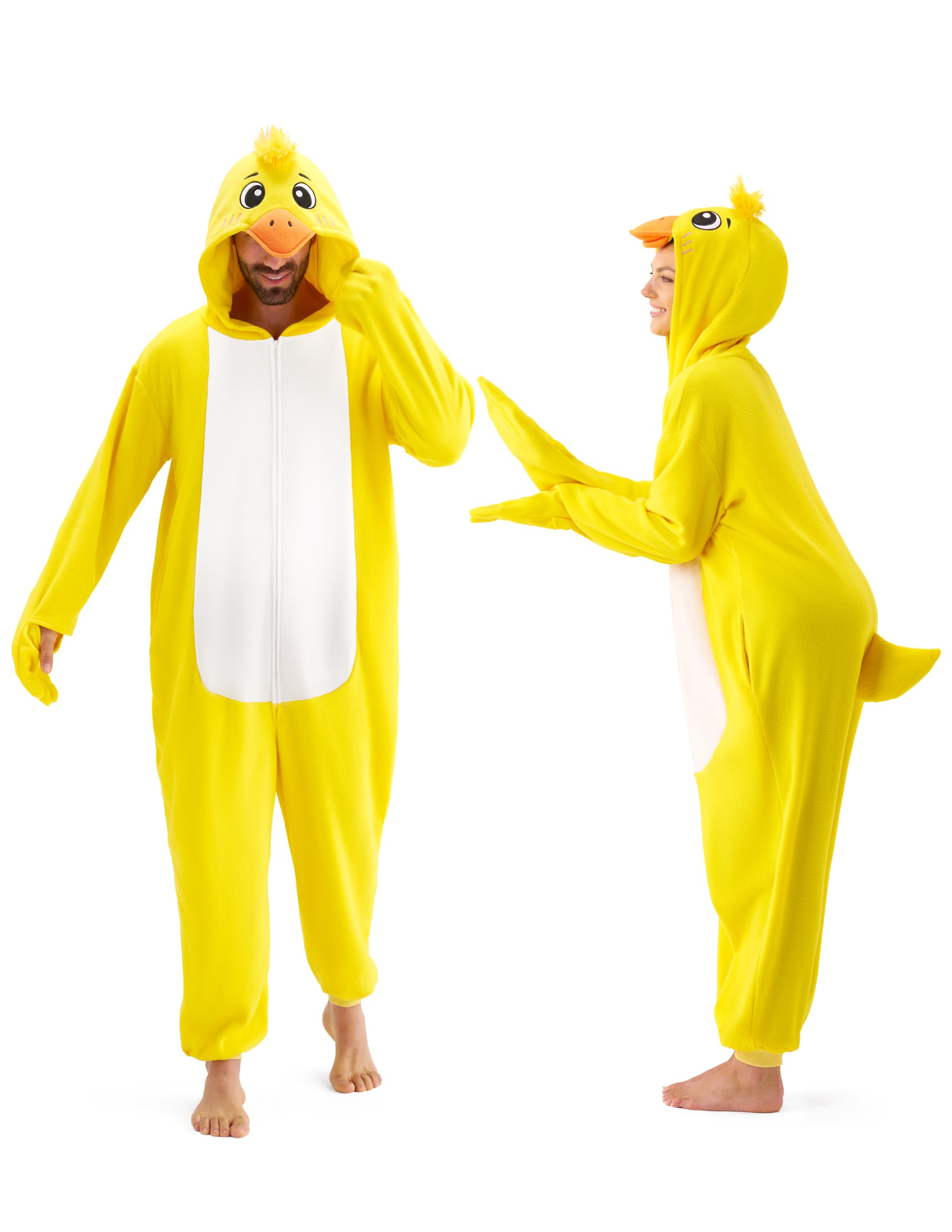 Spooktacular Creations Halloween Duck Costume Adult, Unisex Plush Yellow Duck Jumpsuit for Adult, Zip-Up Hooded Animal Costume for Adult Women Men Halloween Dress Up Party
