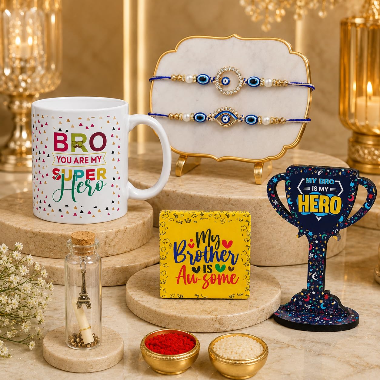Dreamica Designer Set of 2 Rakhi, Mug, Message Bottle, Trophy Showpiece, Fridge Magnet, Greeting Card and Tilak Set| Best Rakhi Gift for Brother
